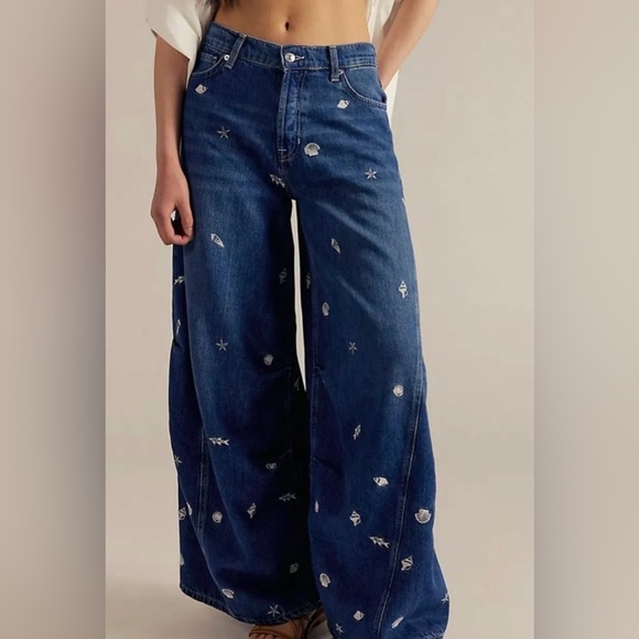 We The Free Denim - Free People wide leg Embroidered Jean Westward We the Free Seashell